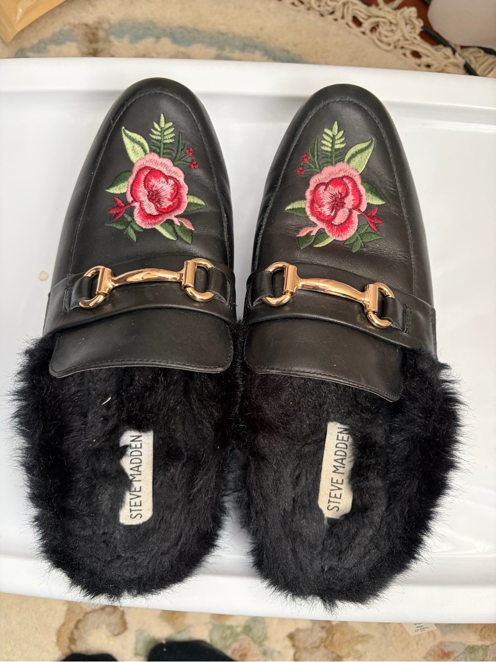 Steve Madden Black Faux-Fur Mules with Floral Embroidery